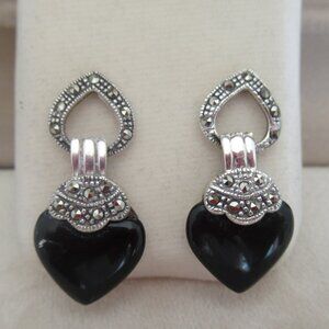 VTG 925 Sterling Silver, Black Onyx & Marcasite Heart Shape Dangle Earrings 1.25